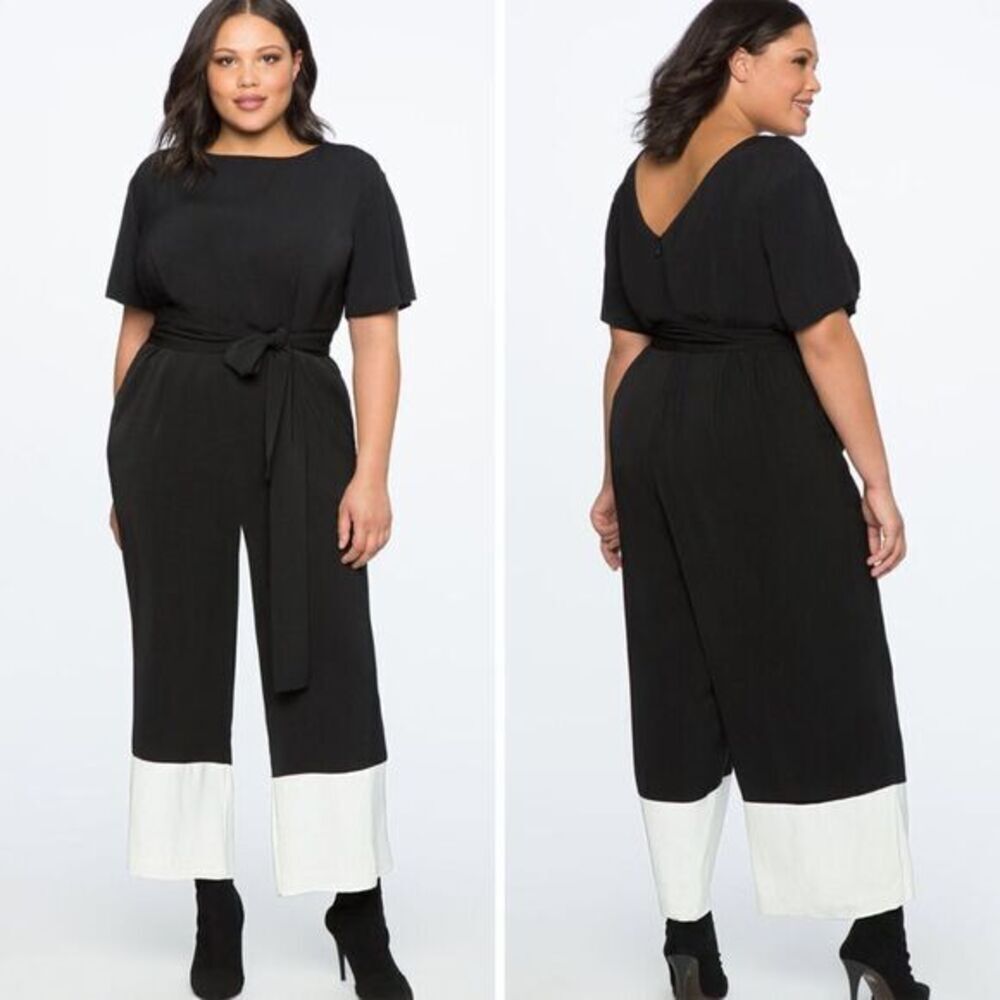 NEW Eloquii wide leg jumpsuit short sleeve white trim, 14